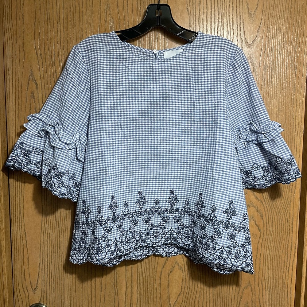 Blue Gingham Blouse with Embroidered Sleeves and Hem